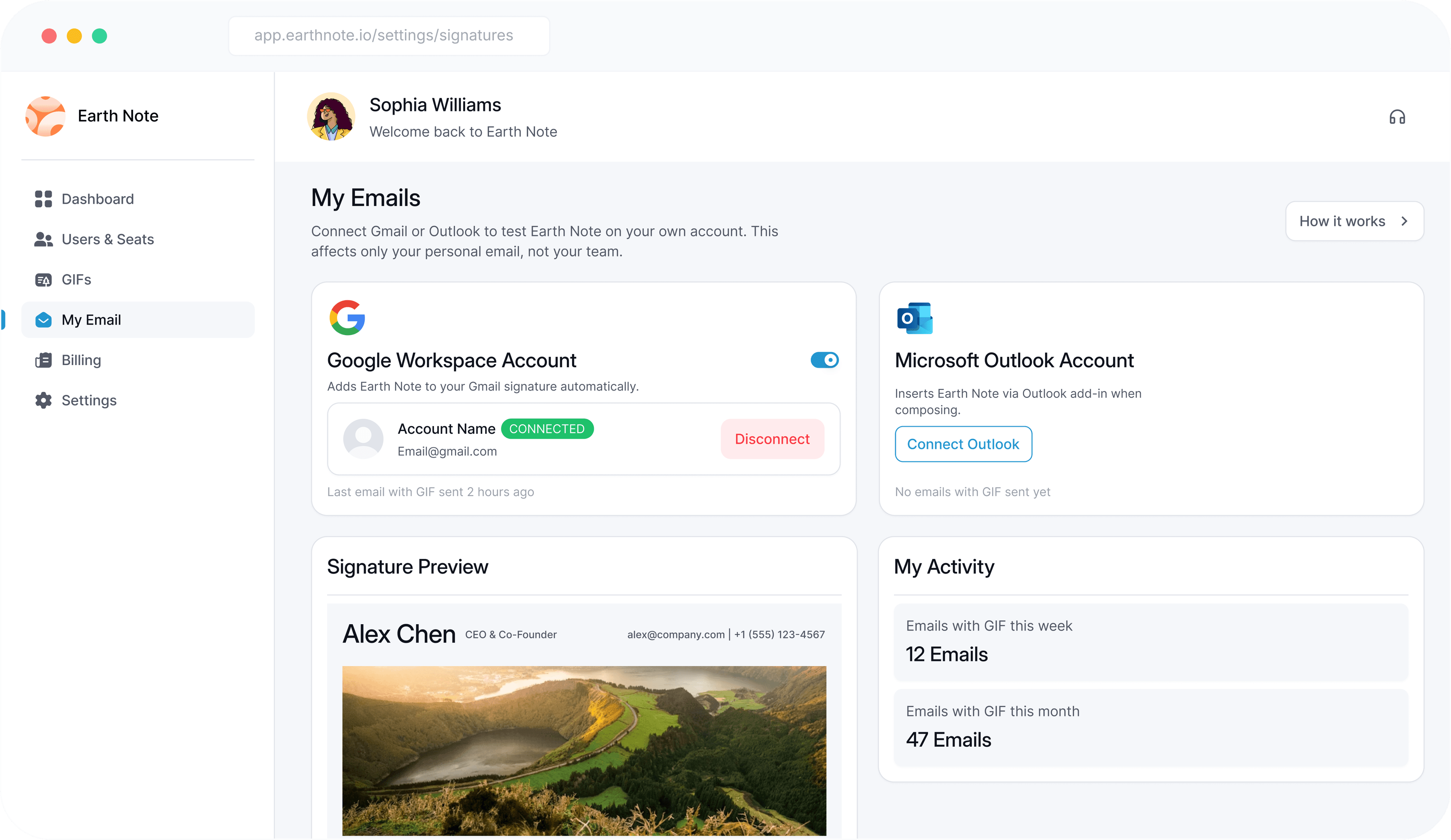 EarthNote My Emails settings preview
